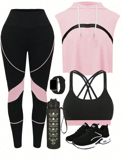 Easify SHEIN Sport Women's Colorblock Patchwork Yoga Workout 3-Piece Setwomen Workout Set Women Leggings Set