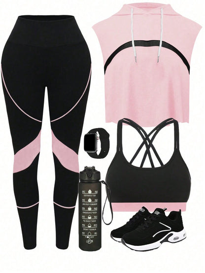 Easify SHEIN Sport Women's Colorblock Patchwork Yoga Workout 3-Piece Setwomen Workout Set Women Leggings Set