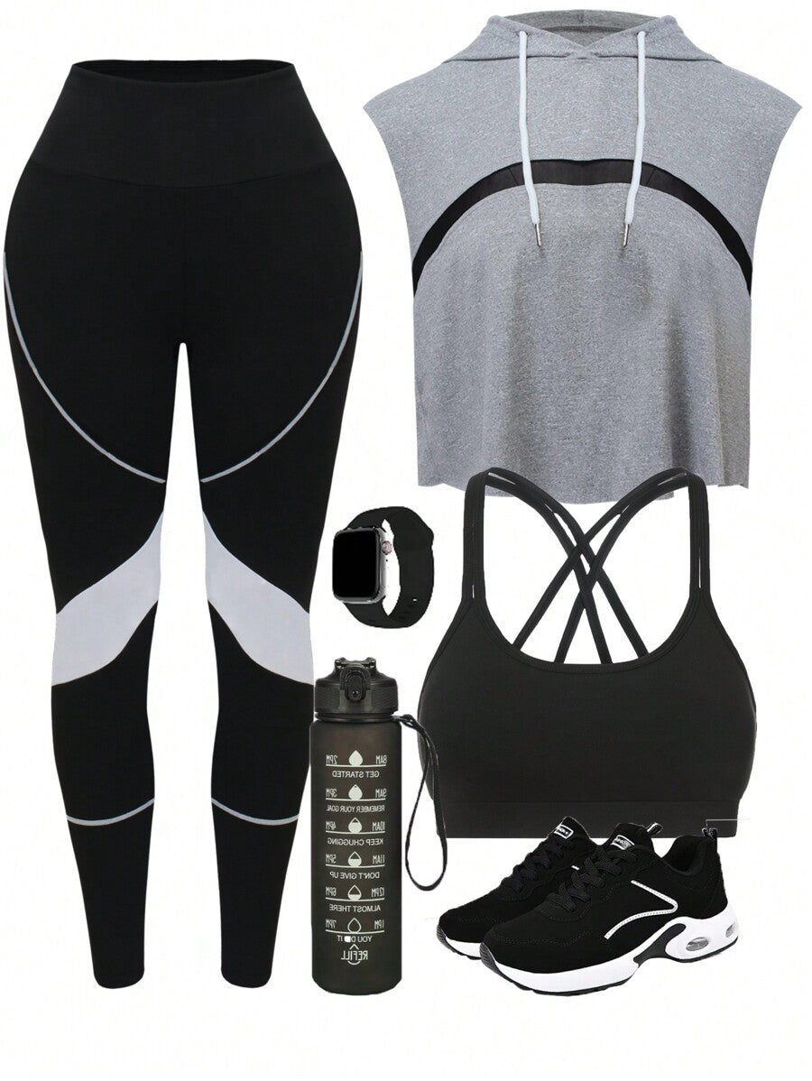 Easify SHEIN Sport Women's Colorblock Patchwork Yoga Workout 3-Piece Setwomen Workout Set Women Leggings Set