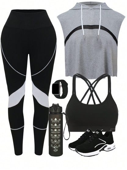 Easify SHEIN Sport Women's Colorblock Patchwork Yoga Workout 3-Piece Setwomen Workout Set Women Leggings Set